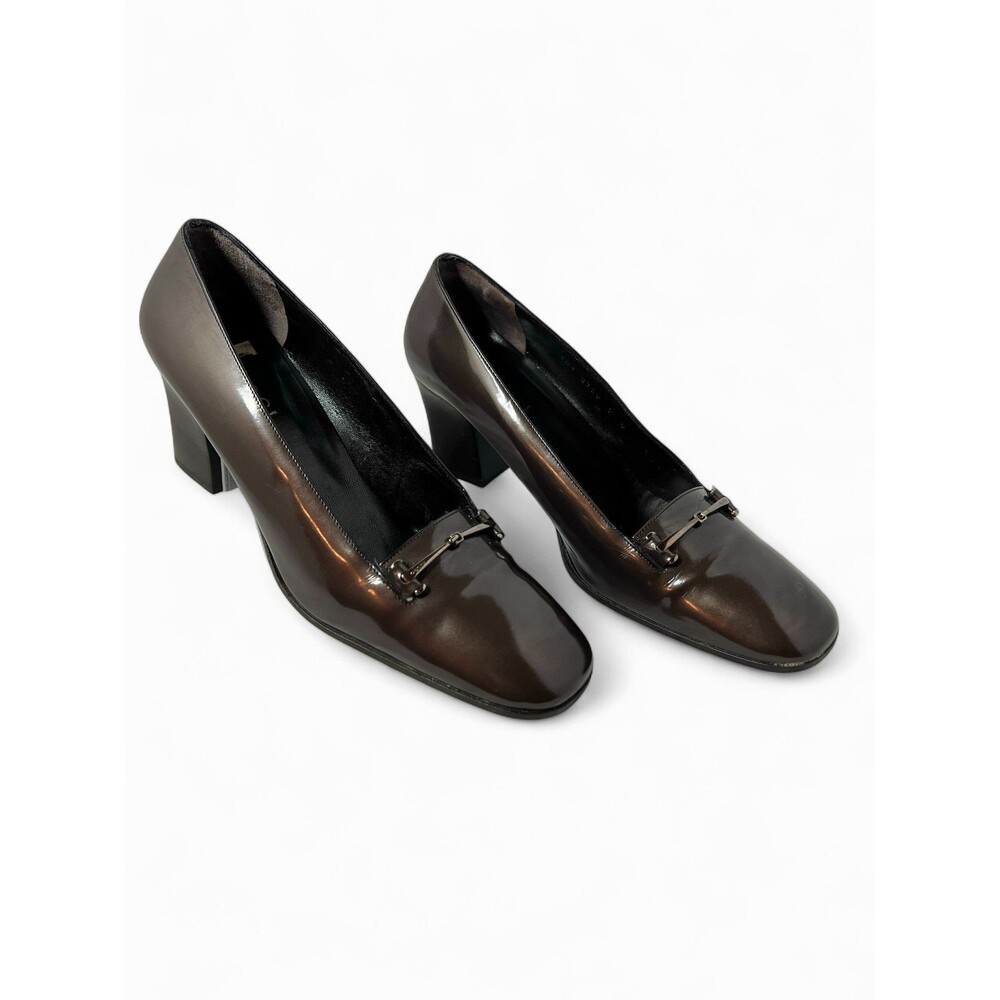 Vintage GUCCI High Heeled Brown Patent Leather LOAFERS, 9B,  Pristine Condition
